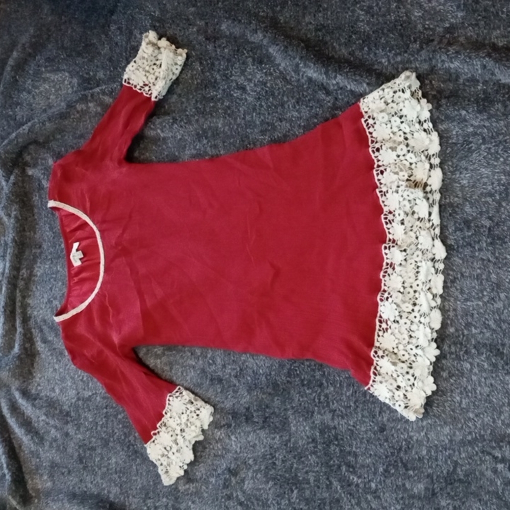 Umgee brick red dress with cream lace trim